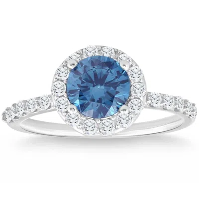 Pompeii3 2ct Tw Blue & White Diamond Halo Engagement Ring In 14k White Gold In Multi