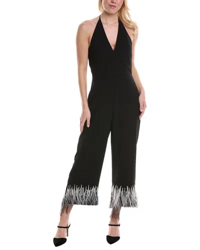 Halston Kaitlyn Halter Feather-cuff Crepe Jumpsuit In Black