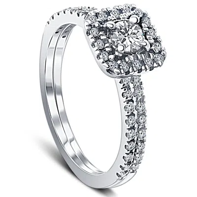 Pompeii3 1/2 Ct Tdw Diamond Cushion Halo Engagement Wedding Ring Set White Gold Lab Grown In Multi