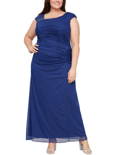 Shop Alex Evenings Plus Womens Embellished Mesh Evening Dress In Blue