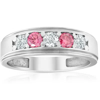 Pompeii3 1 Ct T. W. Pink & White Lab Grown Diamond Mens Wedding Ring 5-stone White Gold In Multi