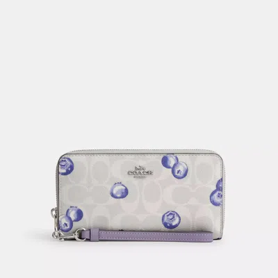Shop Coach Outlet Long Zip Around Wallet In Signature Canvas With Blueberry Print In White