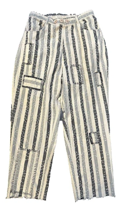 Pre-owned Jaded Gypsy Cream Stripe Stitch And Patch Travelling On Pants In White