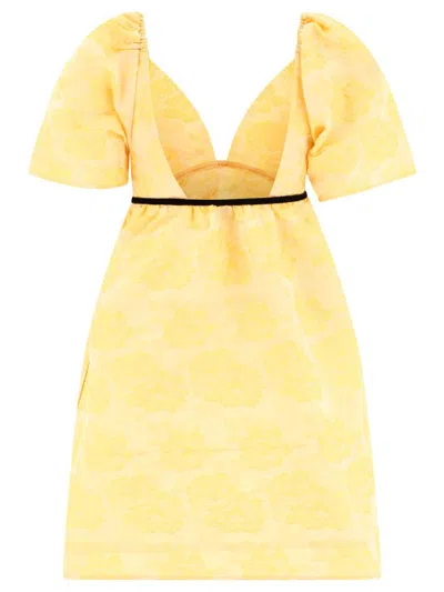 Shop Ganni "botanical Jacquard" Dress In Yellow