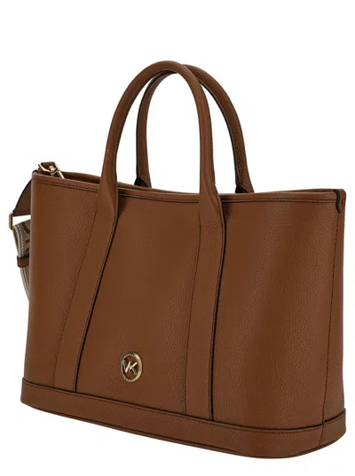 Shop Michael Kors 'luisa' Beige Tote Bag With Mk Logo Detail In Grain Leather Woman