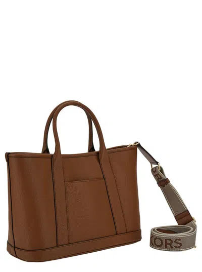 Shop Michael Kors 'luisa' Beige Tote Bag With Mk Logo Detail In Grain Leather Woman