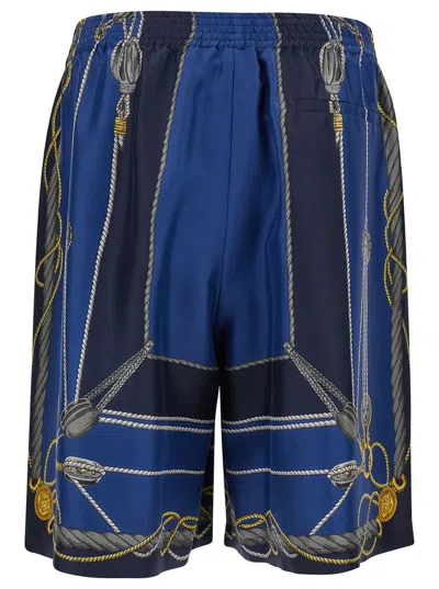 Shop Versace 'nautical' Blue Shorts With Barocco Print In Silk Man