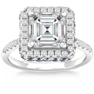 Pompeii3 3 1/2ct Asscher Cut Moissanite Diamond & Sapphire Gold Ring Lab Grown 14k In White