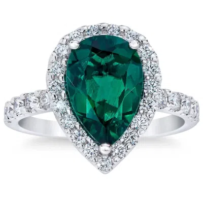 Pompeii3 5ct Pear Shape Emerald & Lab Grown Diamond Halo Ring In 10k White Gold In Multi