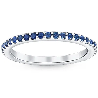 Pompeii3 3/4ct Blue Sapphire Stackable Ring Wedding Band 10k White Gold In Multi