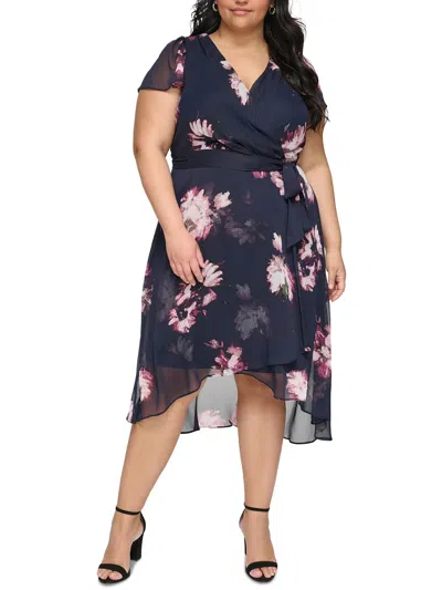 Shop Dkny Plus Womens Midi Floral Print Wrap Dress In Blue