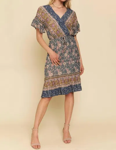 Shop Mystree Ruffled Border Print Dress In Charcoal Blue In Multi