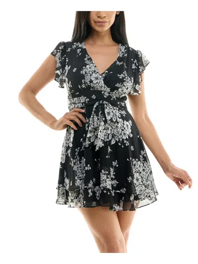 Shop B Darlin Juniors Womens Floral Print Polyester Fit & Flare Dress In Black