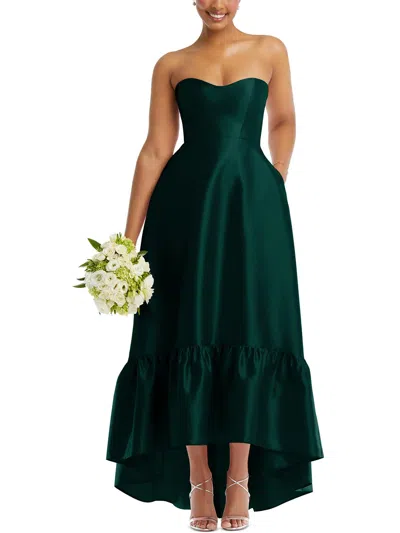Alfred Sung Strapless Deep Ruffle Hem Satin High Low Dress With Pockets In Green