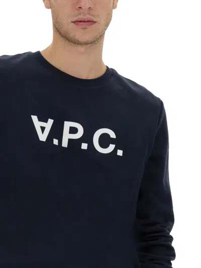 Shop Apc A.p.c. Flocked Logo Print Crewneck Sweatshirt In Blue