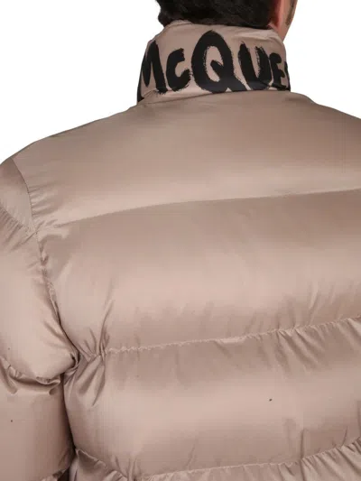 Shop Alexander Mcqueen Graffiti Logo Print Down Jacket In Beige