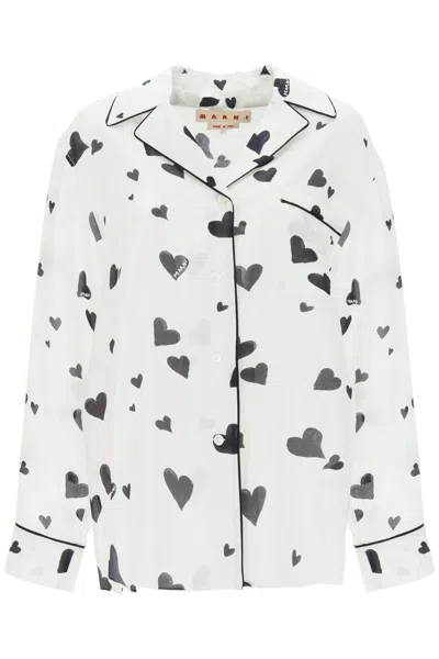 Shop Marni Bunch Of Hearts Print Silk Pajama Shirt In Bianco