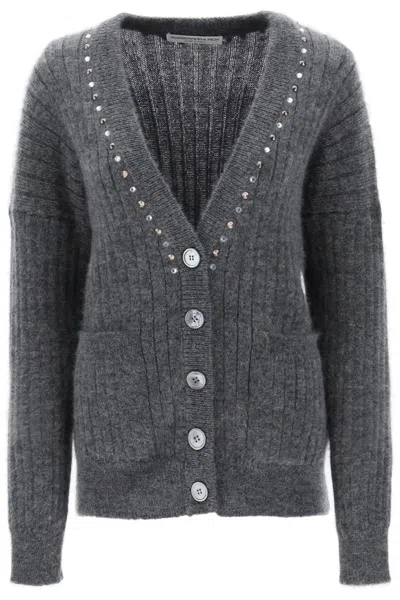 Shop Alessandra Rich Cardigan With Studs And Crystals In Grigio