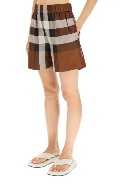 Shop Burberry Exploded Check Silk Shorts In Marrone