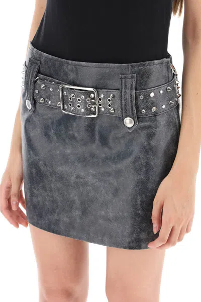 Shop Alessandra Rich Leather Mini Skirt With Belt And Appliques In Grigio