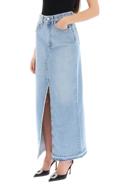 Shop Alessandra Rich Long Denim Skirt With Studs In Celeste
