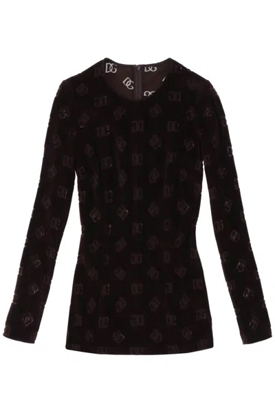Shop Dolce & Gabbana Long-sleeved Top In Monogram Chenille In Marrone