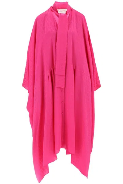 Shop Valentino Maxi Shirt Dress In Crepe De Chine With 'toile Iconographe' Motif In Fuxia