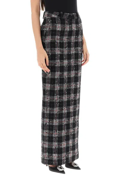 Shop Alessandra Rich Maxi Skirt In Boucle' Fabric With Check Motif In Nero