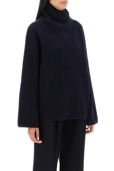 Shop Totême Sweater With Wrapped Funnel Neck In Blu