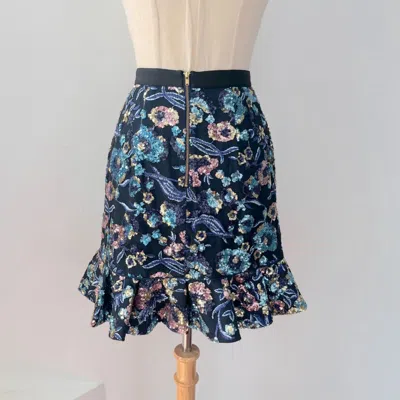 Pre-owned Self-portrait Blue Floral Sequined Peplum Mini Skirt