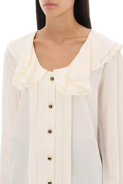 Shop Alessandra Rich Crepe De Chine Blouse With Frills In Bianco