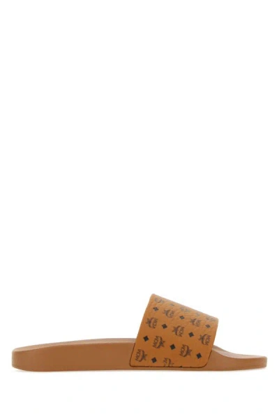 Shop Mcm Man Camel Canvas Slippers In Brown