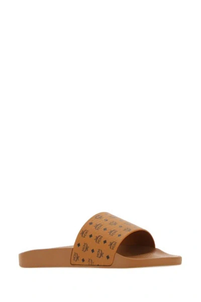 Shop Mcm Man Camel Canvas Slippers In Brown