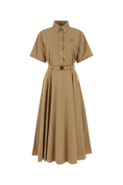 Shop Miu Miu Woman Biscuit Cotton Shirt Dress In Brown
