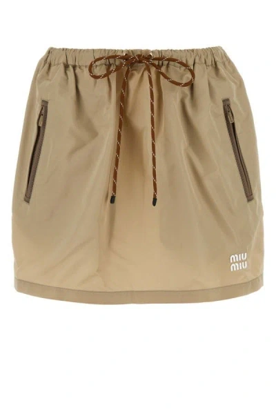 Shop Miu Miu Woman Cappuccino Tech Fabric Mini Skirt In Brown
