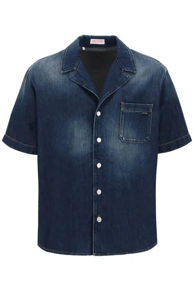 Shop Valentino Denim Chambray Bowling Shirt In Blu