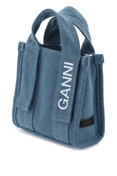 Shop Ganni Denim Tech Mini Tote Bag In Blu
