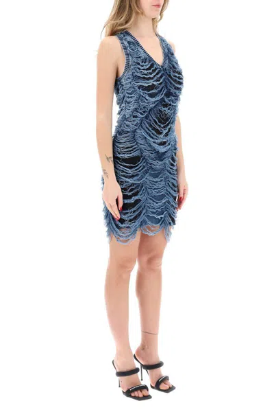 Shop Diesel Destroyed T-white Mini Knit Dress In Blu