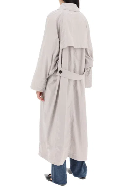 Shop Brunello Cucinelli Double-breasted Trench Coat With Shiny Cuff Details In Grigio