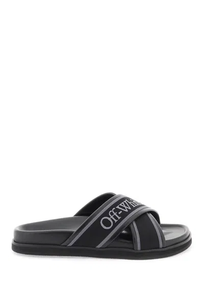 Shop Off-white Embroidered Logo Slides With In Nero