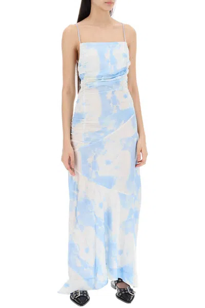 Shop Ganni Maxi Printed Tie-dye Satin Dress With R In Bianco