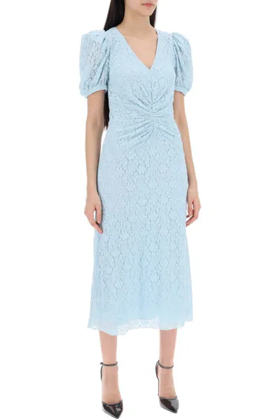 Shop Rotate Birger Christensen Midi Lace Dress With Puffed Sleeves In Celeste