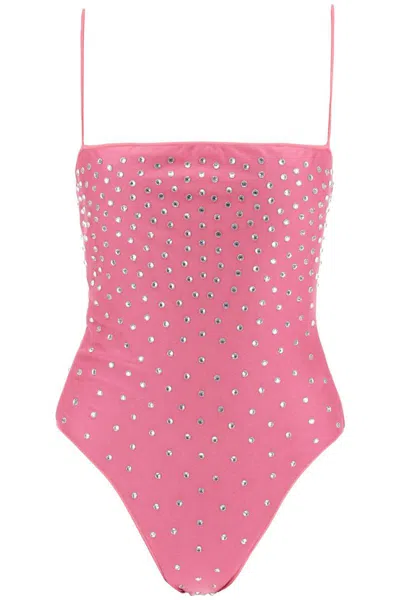 Shop Oseree One-piece Swimsuit With Crystals In Fuxia