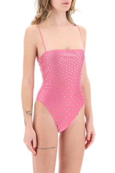 Shop Oseree One-piece Swimsuit With Crystals In Fuxia