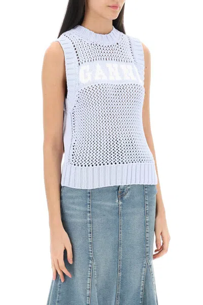 Shop Ganni Open-stitch Knitted Vest With Logo In Celeste