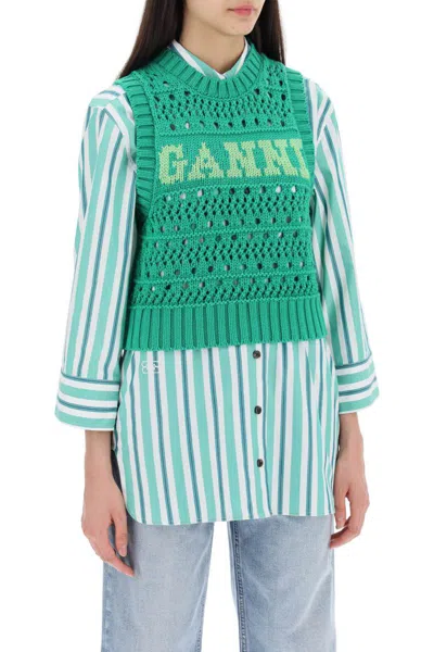 Shop Ganni Open-stitch Knitted Vest With Logo In Verde