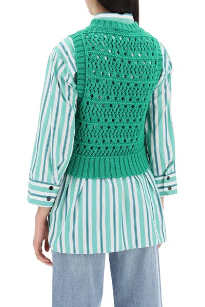 Shop Ganni Open-stitch Knitted Vest With Logo In Verde
