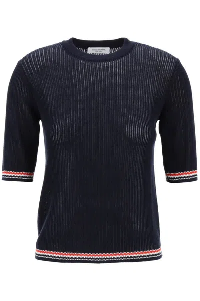 Shop Thom Browne Pointelle-knit T-shirt In Blu
