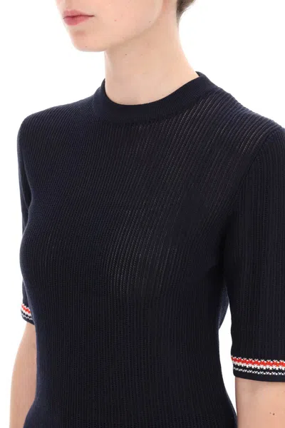Shop Thom Browne Pointelle-knit T-shirt In Blu