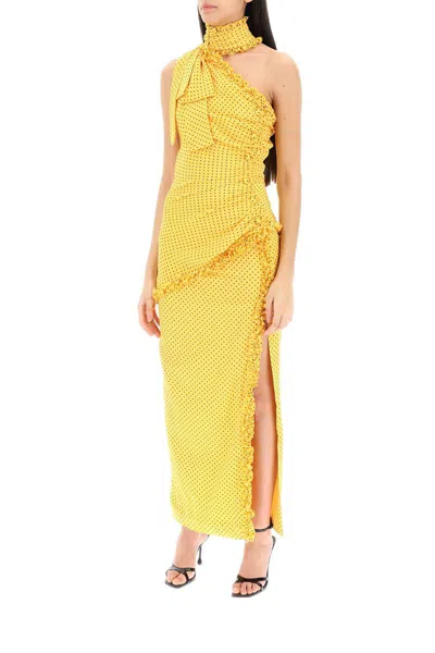 Shop Alessandra Rich Polka Dot One-shoulder Maxi Dress In Giallo
